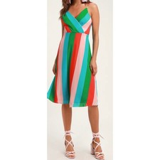 Lulus small NEW vivacious veronica multi stripe tie back knot midi dress rainbow