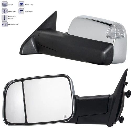Pair Tow Mirrors Fits 2010-2017 Dodge Ram Heated Turn Signal Temp Sensor Chrome
