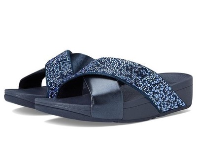 FitFlop Lulu Crystal-Mix Metallic Cross Slides Women's Wedge Midnight Navy 9