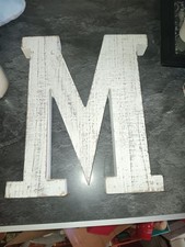 WHITE DISTRESSED WOOD LETTER "M" WALL HANGING DEOCR. 11.75" X 14"