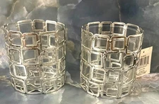 Silver Metal Square Pattern Candle Holders With Glass Inserts - Set Of 2 3.5"H