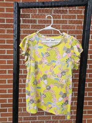Loft Women's Yellow Floral Flutter Sleeve Blouse, SZ XL