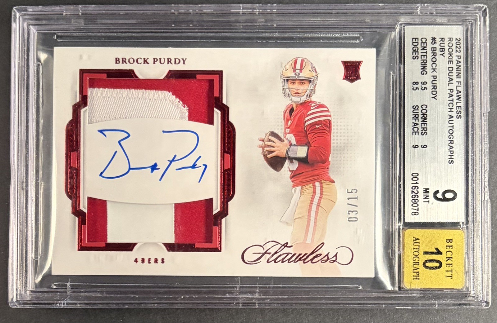 2022 Flawless Brock Purdy Dual Rookie Patch Auto Ruby 3/15 BGS 9 Auto 10 RPA