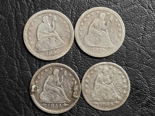 Lot of Four Seated Liberty Quarters 1854 love token 1854 O damaged 1856 1857