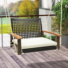 Rattan Porch Swing Patio Wicker Single Hanging Seat w/ Seat Cushion & Acacia