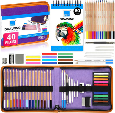 Drawing Travel Art Set - 60 Sheets 6 X 8 Inches Drawing Pad,16 Wood Colored Penc