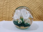 Handblown Murano Glass Paperweight With White Flowers Inset