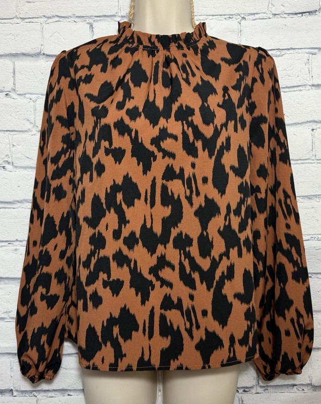 SHEIN Women’s XS Brown Animal Print Long Sleeve Ruffled High Neck Blouse