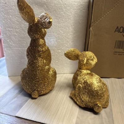 Gold Easter Bunny Figurine Set 2 PCS Resin Rabbit Statues Spring Table Decor