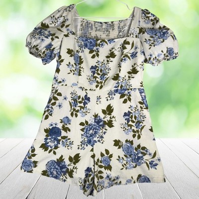 CALYPSO ST BARTH Romper Puff Sleeve Smocked Linen Blend Blue Floral Womens 12
