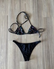 American Apparel Swim Set Bikini Black Paint Splatter Women S/M Retro 90s Beach