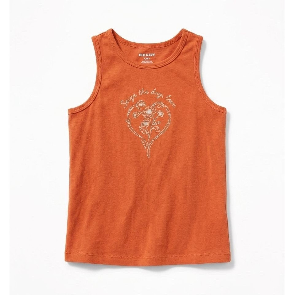 Old Navy Girls Orange Sleeveless Cotton Knit Crew Neck Tank Top S (6-7) Heart