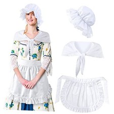 Colonial Costume Women Set White Mob Cap Bonnet Shawl Waist Apron 3 Classic