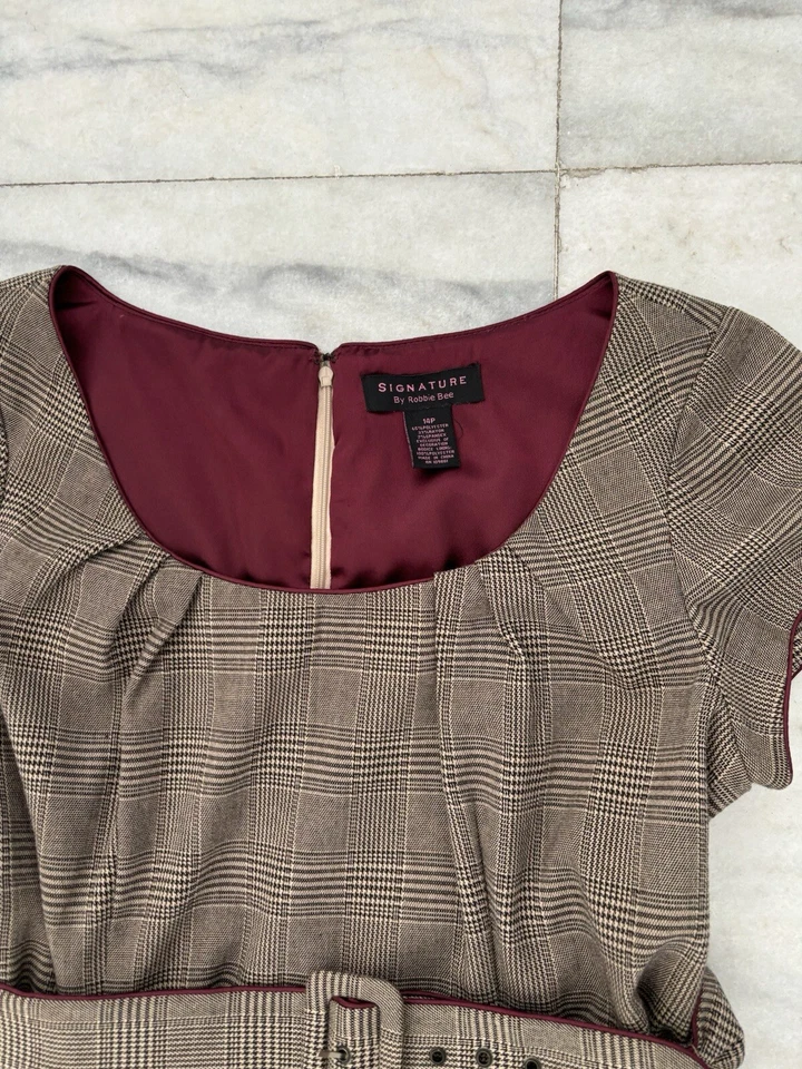 Signature by Robbie Bee Brown Plaid Short Sleeve Embroidered Belted Dress 14P - Image 4 of 4