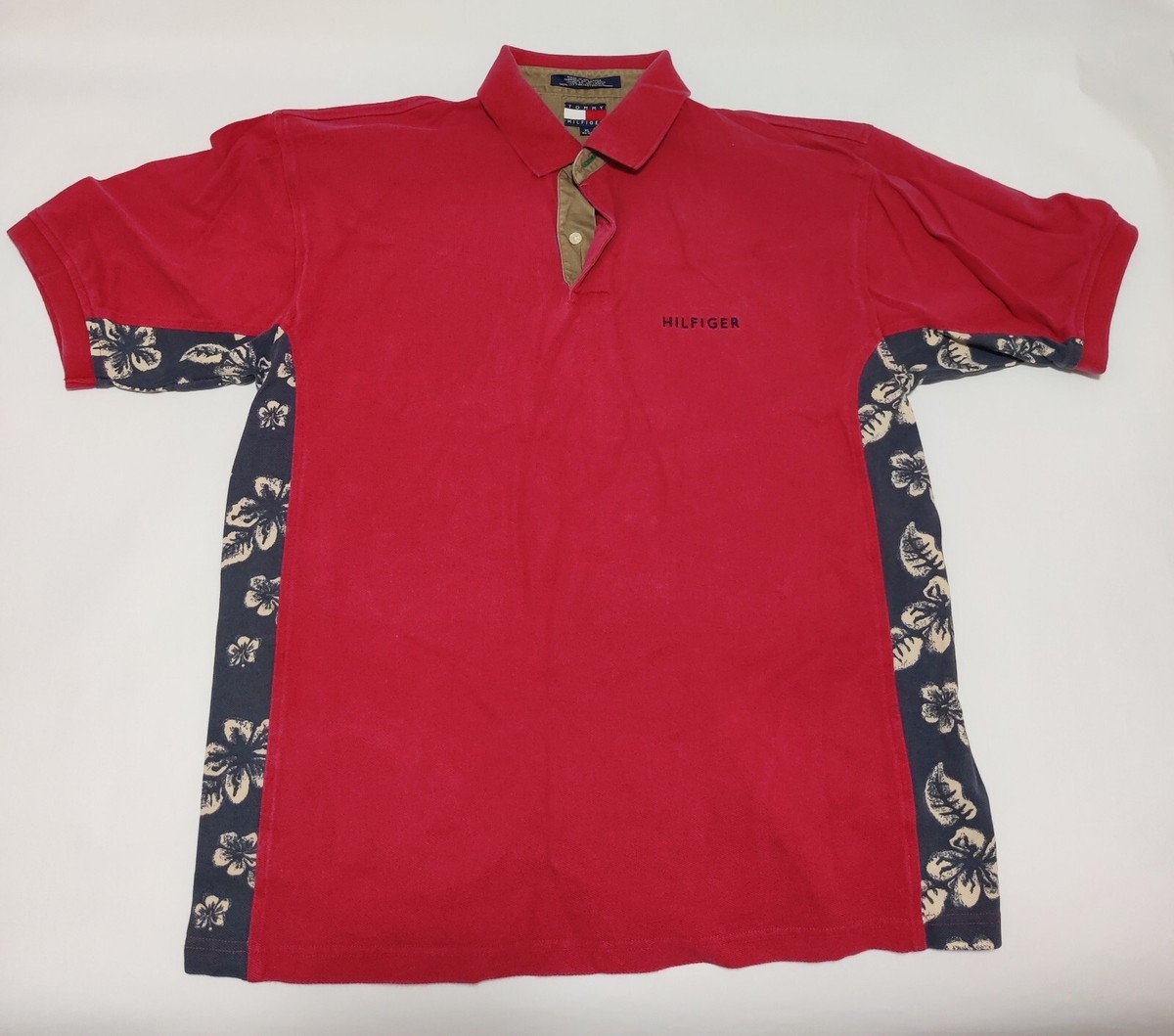 Tommy Hilfiger Golf Polo Mens XL Red Floral Hawaiian Print Short Sleeve  Shirt