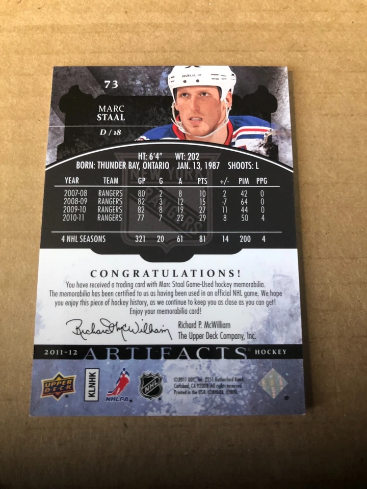 2011-12 Artifacts Jerseys #73 Marc Staal 35/125 - Image 2 of 2