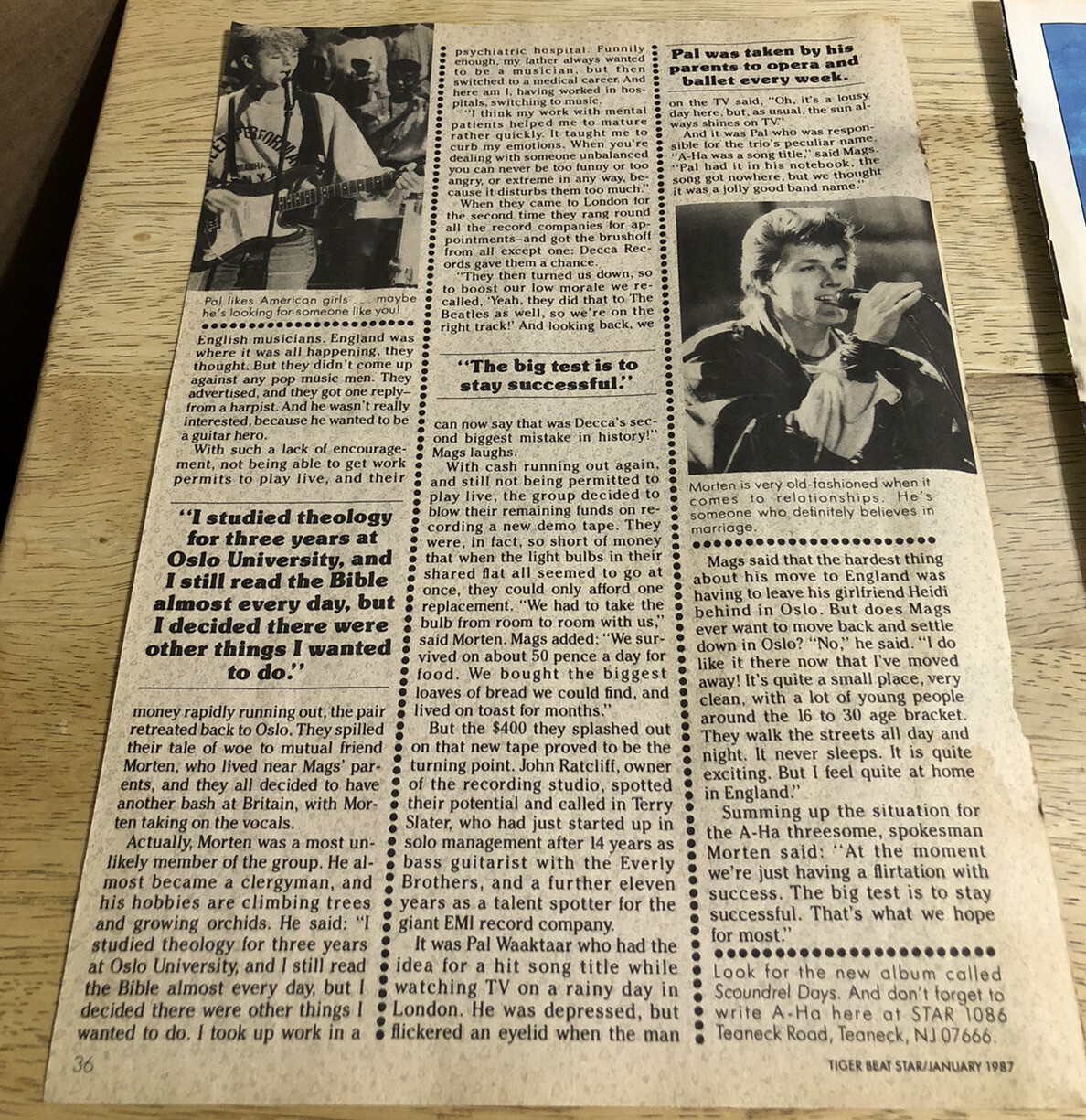 1987 A-HA - Vintage Teen Magazine 2-Page Article Clipping