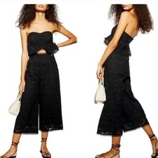 Topshop Black Strapless Wide Leg Eyelet Jumpsuit Sz 2