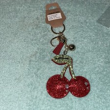 Red Cherries Rhinestone Puffy Keychain With Tassel 6 Inches Long New With Tags