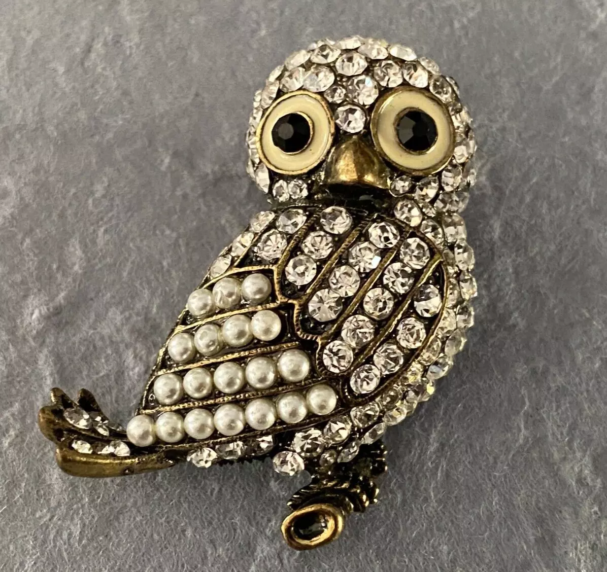 Clear Rhinestone Simulated Pearl Owl Brooch Bronze Tone Metal