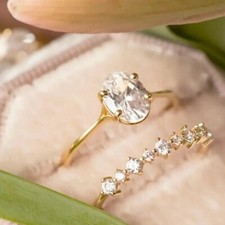 14k Yellow Gold Plated Oval Simulated Diamond Engagement Bridal Band Ring Set