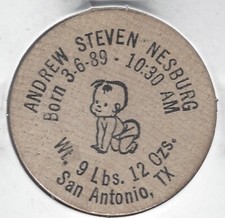 1989, ANDREW STEVEN NESBURG, San Antonio, Texas, Birth, Token, Wooden Nickel