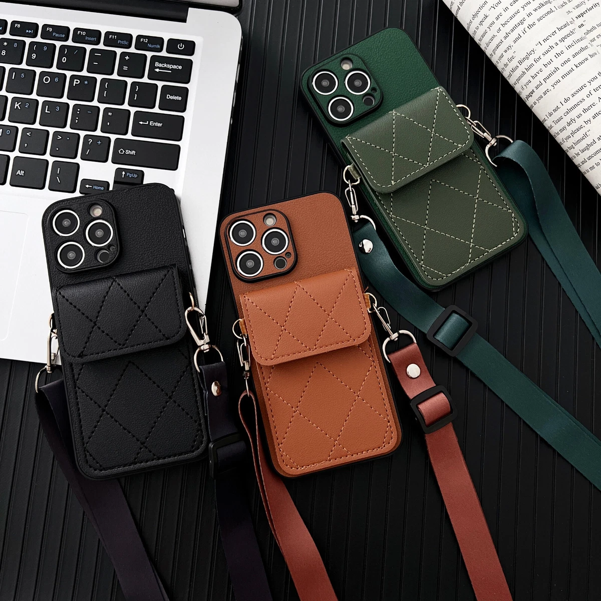 Hortory classic leather iPhone case with lanyard and card holder crossbody phone  case for iphone 11 12 13 14 15 Pro max