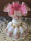 Fenton Peach Crest Melon Vase Charleton Hand Painted Roses AWCO Ruffled Glass 6"