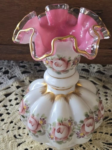 Fenton Peach Crest Melon Vase Charleton Hand Painted Roses AWCO Ruffled Glass 6"