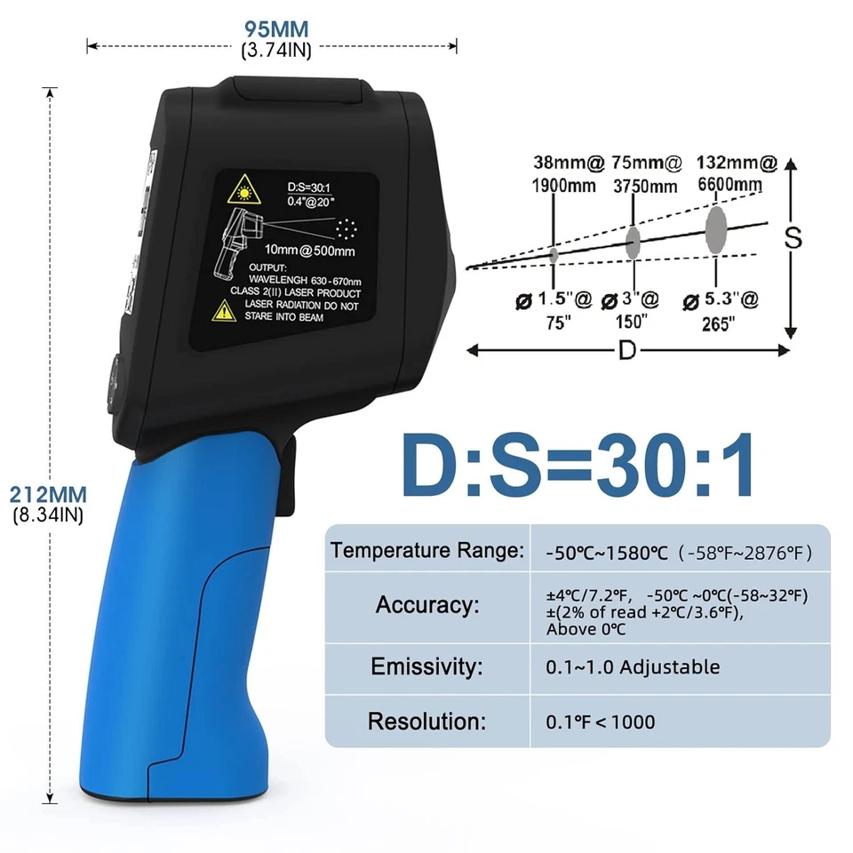 Infrared Thermometer Gun Non-Contact High Temp Pyrometer 30:1 –50-1580℃ Metal - Image 3 of 4