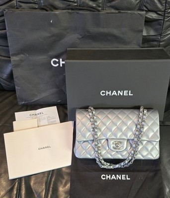 Original Chanel Classic Tasche - Grau - Leder Handtasche Flap Bag - Full Set -