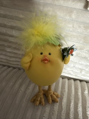 Anthropomorphic Yellow Spring Chick w Feathers Holding Flower Long Legs Resin 6 