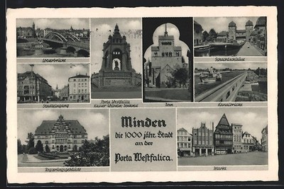 Postcard Minden/Weser, cathedral, shaft lock, market and other views 1955 