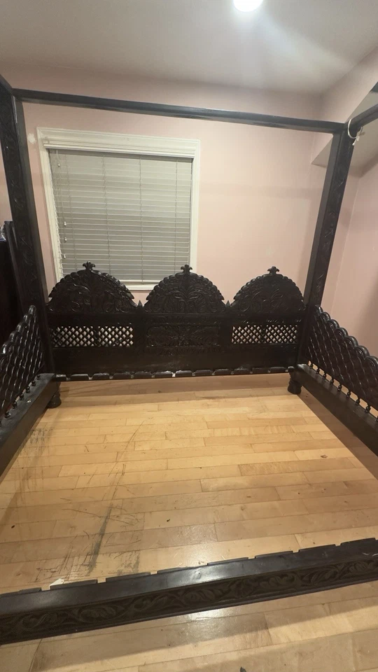 Handcrafted Indian Solid Wood Canopy Bed Frame – Intricately Carved (Queen/King) - Image 3 of 4