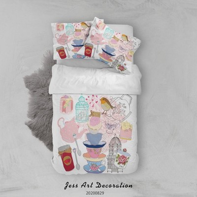 3D Tea Set Birdcage Cake Illustration Quilt Cover Set Bedding Sets Pillowcases