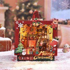 Xmas DIY Book Nook Kit DIY Dollhouse 3D Wooden Puzzle LED Toy Gift