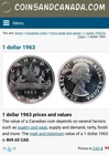 1963 Canadian Silver 1 Dollar BIG Coin NICE GRADE Melt Value high $69.65 BID LOW
