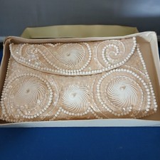 Beaded Clutch evening bag vintage Ivory Satin