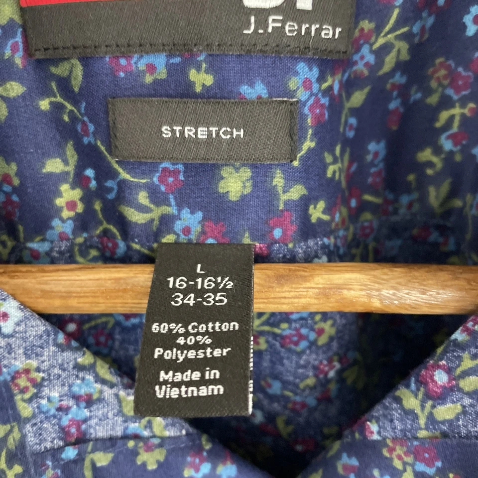 J. Ferrar Slim Stretch Shirt Mens L Blue Floral Print Long Sleeve Button Casual - Image 4 of 4