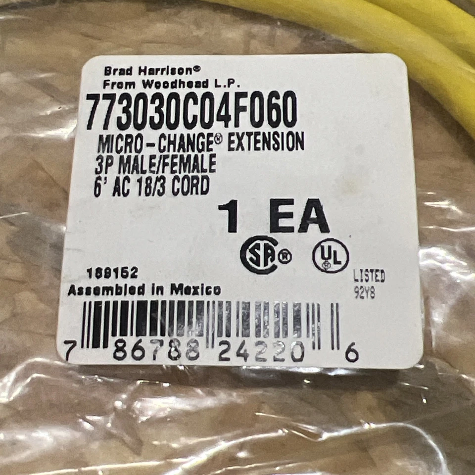🔥Brad Harrison 773030C04F060 Micro-Change 3P M/F 6' AC 18/3 Cord, New🇺🇸 - Image 2 of 4