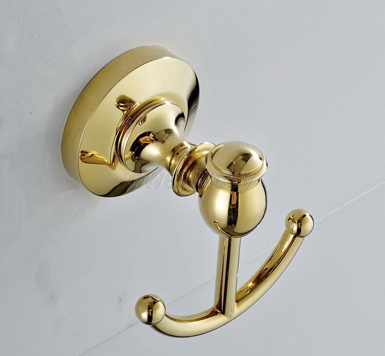 Wall Mounted Bathroom Towel Holder Coat Hanger Double Robe Hooks Gold Brass