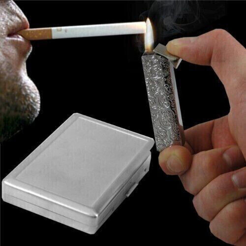 Target Practice Em1 100's Size Cigarette Case with Built in Lighter Metal Wallet