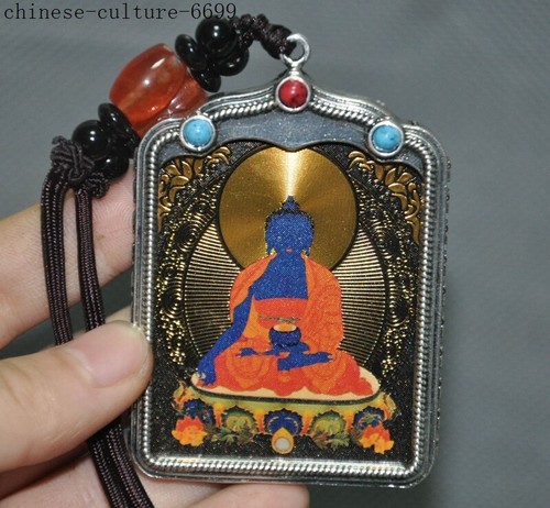 Pendentif amulette murale pendentif en argent tibétain Shakyamuni Thangka bouddhisme tibétain - Photo 1/6