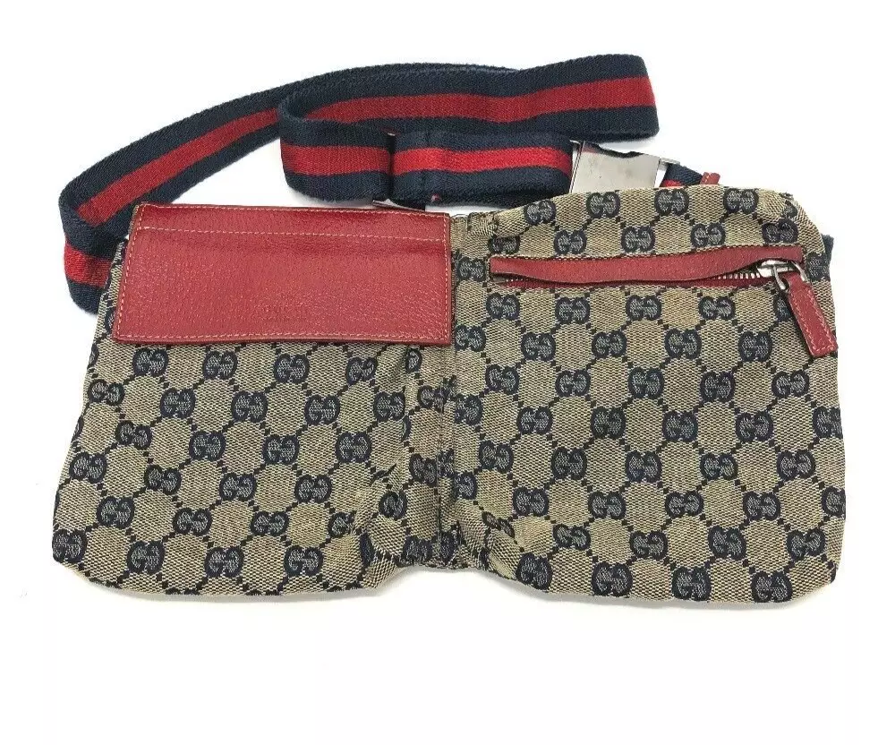 Gucci Body Bag Taille Sac 28566 GG Toile Cuir Rouge Marine avec Poche Homme