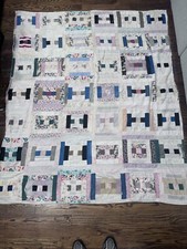 Beautiful Log Cabin Quilt Hand Stitched And Pieces Vintage 80x68 Repairs
