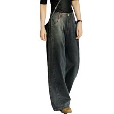 Pantalon Jean Dames Noir Denim Taille Petites Coupe Droit Large