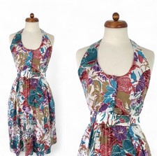 Vintage 80s Floral A-line Halterneck Summer Sun Dress Fit UK Size 8