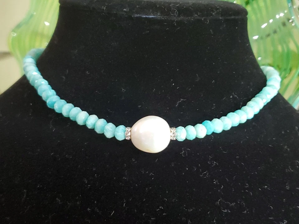 COLLAR GARGANTILLA Iris & Lily Plata 925 Amazonita y Perla XL Central 14.5" $300