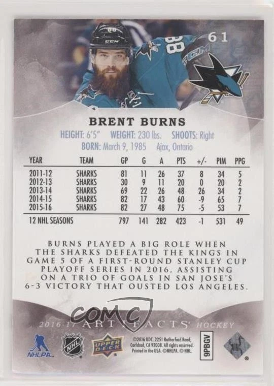 2016-17 Upper Deck Artifacts Emerald /99 Brent Burns #61 - Image 2 of 2