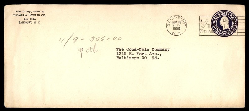 Mayfairstamps US 1950 North Carolina Salisbury to Baltimore Stationery Cover cca
